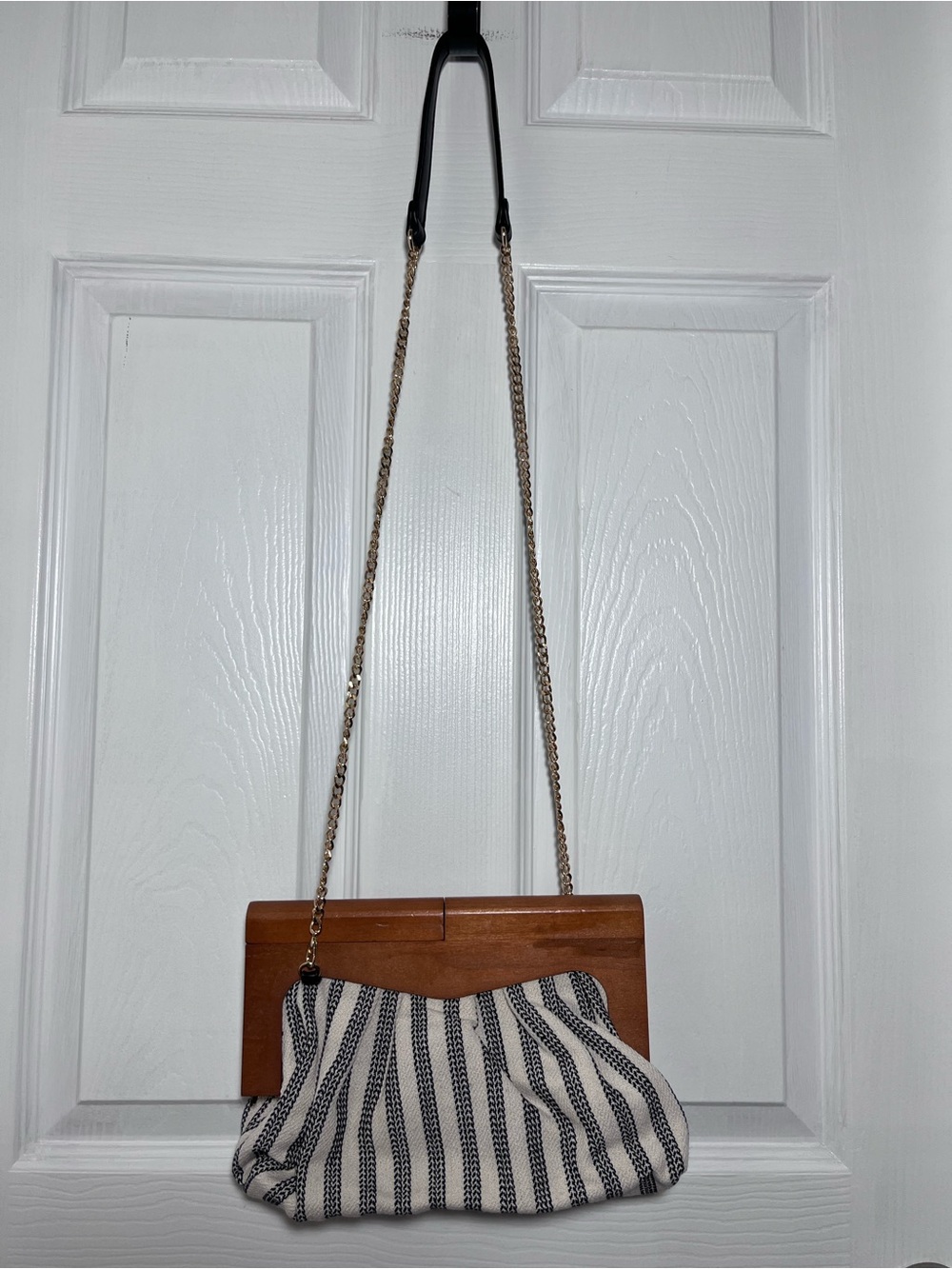 Antik Kraft Cream & Black Striped Cross Body/Clutch with Wood Frame